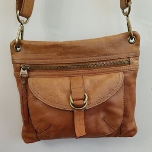 Fossil Cognac Leather Crossbody Bag with Brass Ring Detail